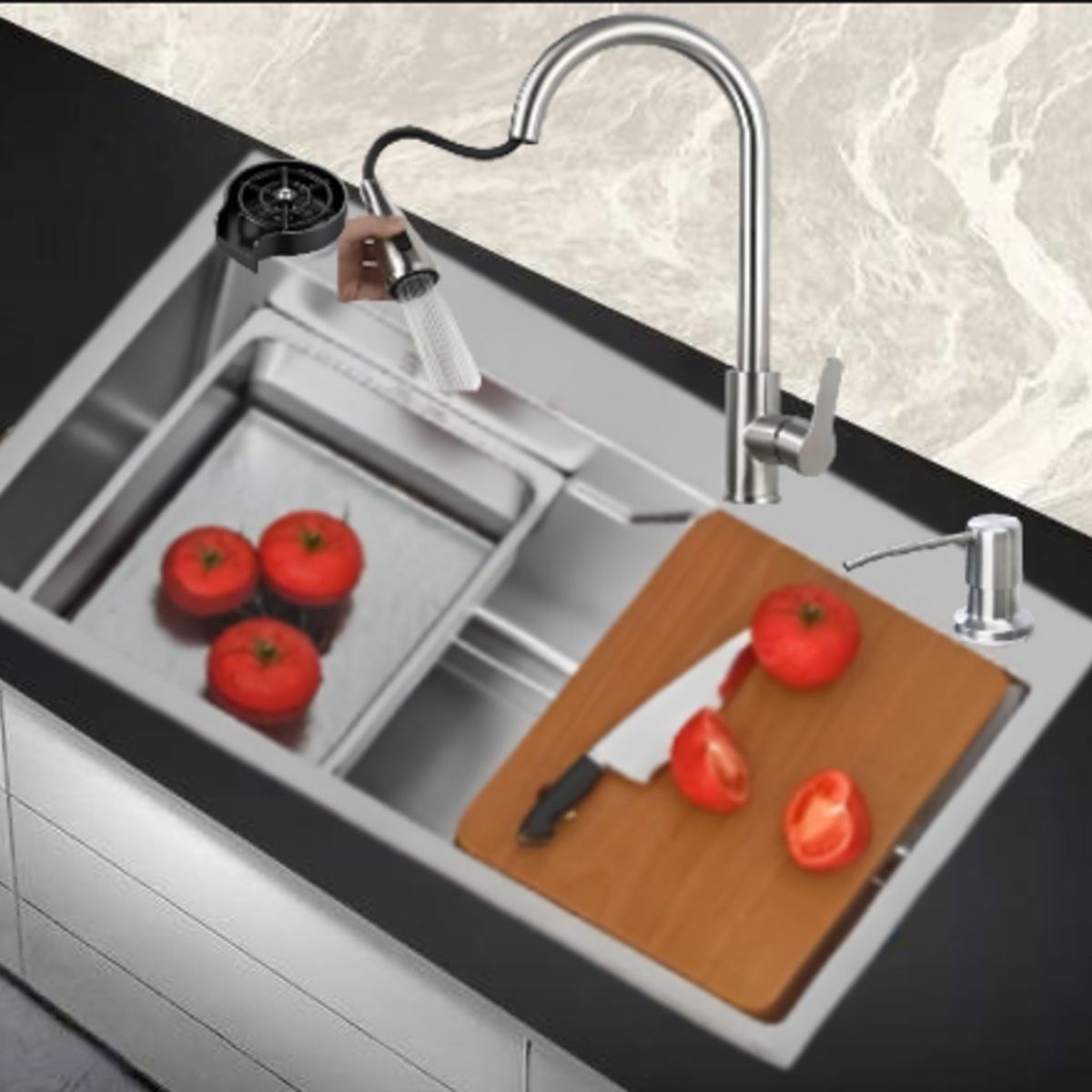 IMPORTADO MC - COMBO 75x45x23CM LAVADERO DE COCINA CON REBOSE  MEZCLADORA EXTRAIBLE