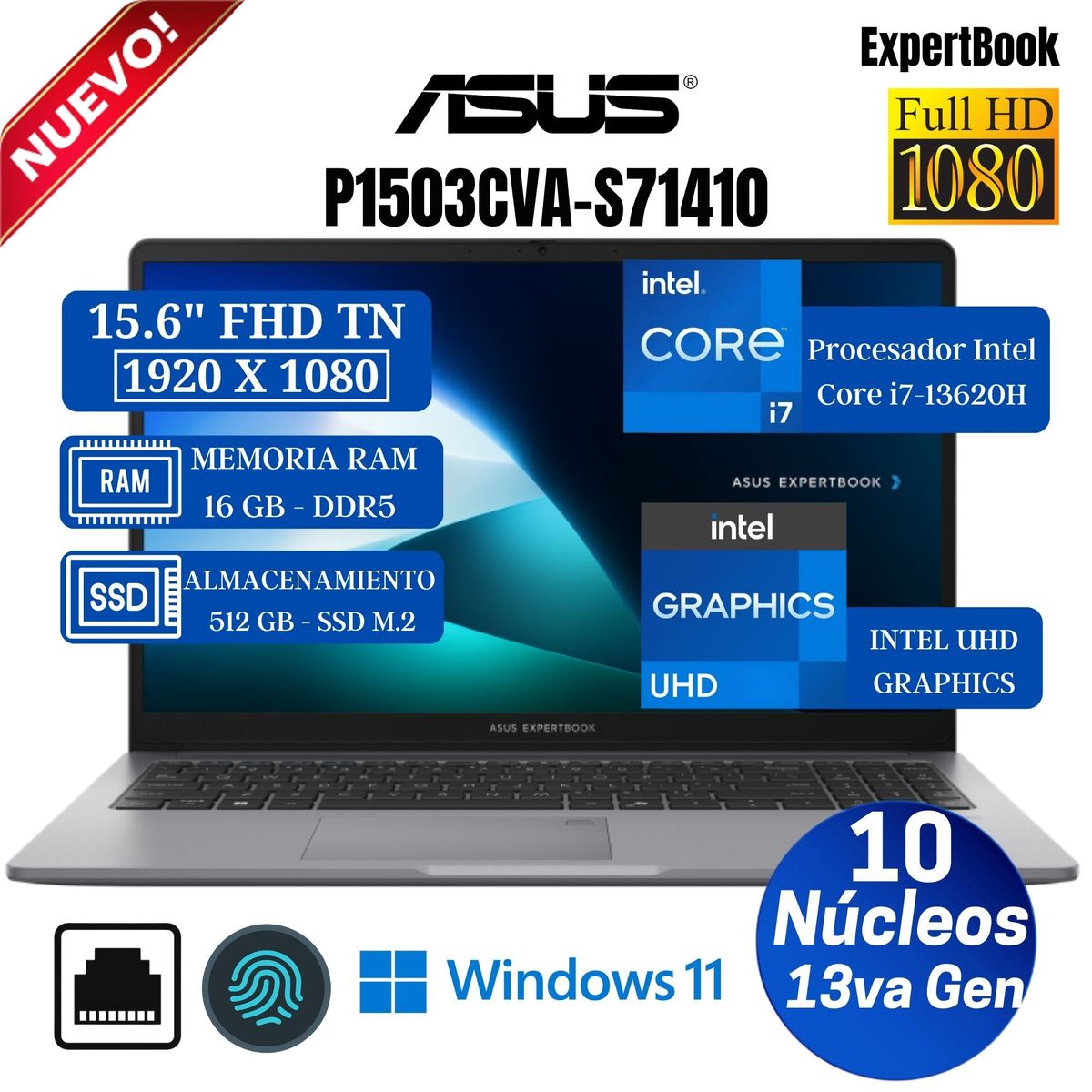 ASUS - Laptop Asus Expertbook  B1503CVA-S71410 15.6" FHD TN, Core i7-13620H, Ram 16GB, Ssd 512GB, Win 11 Pro