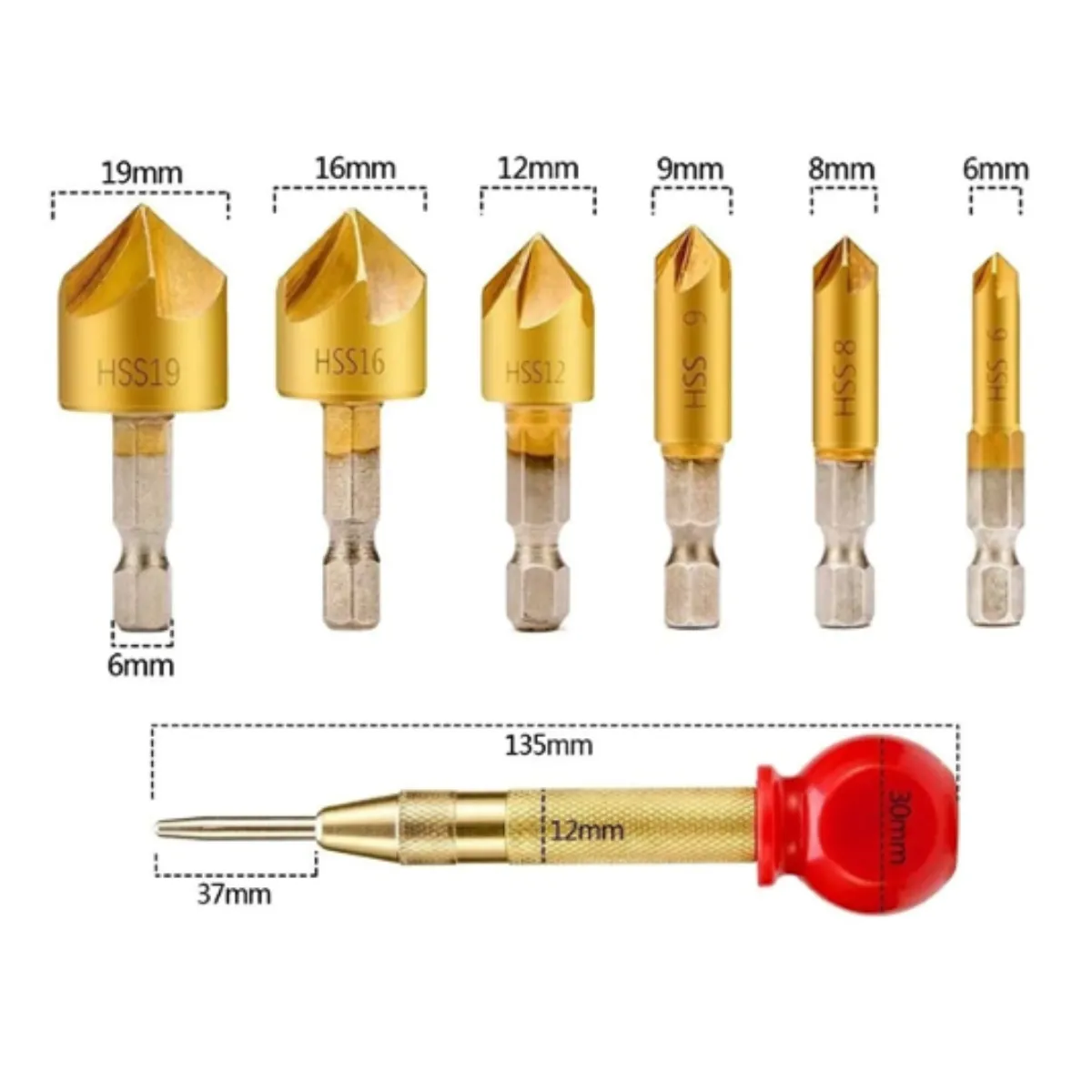 GENERICO - SET 25 PZAS BROCAS AVELLANADORAS, PARA TAPONES, ESCALONADAS, PUNZON