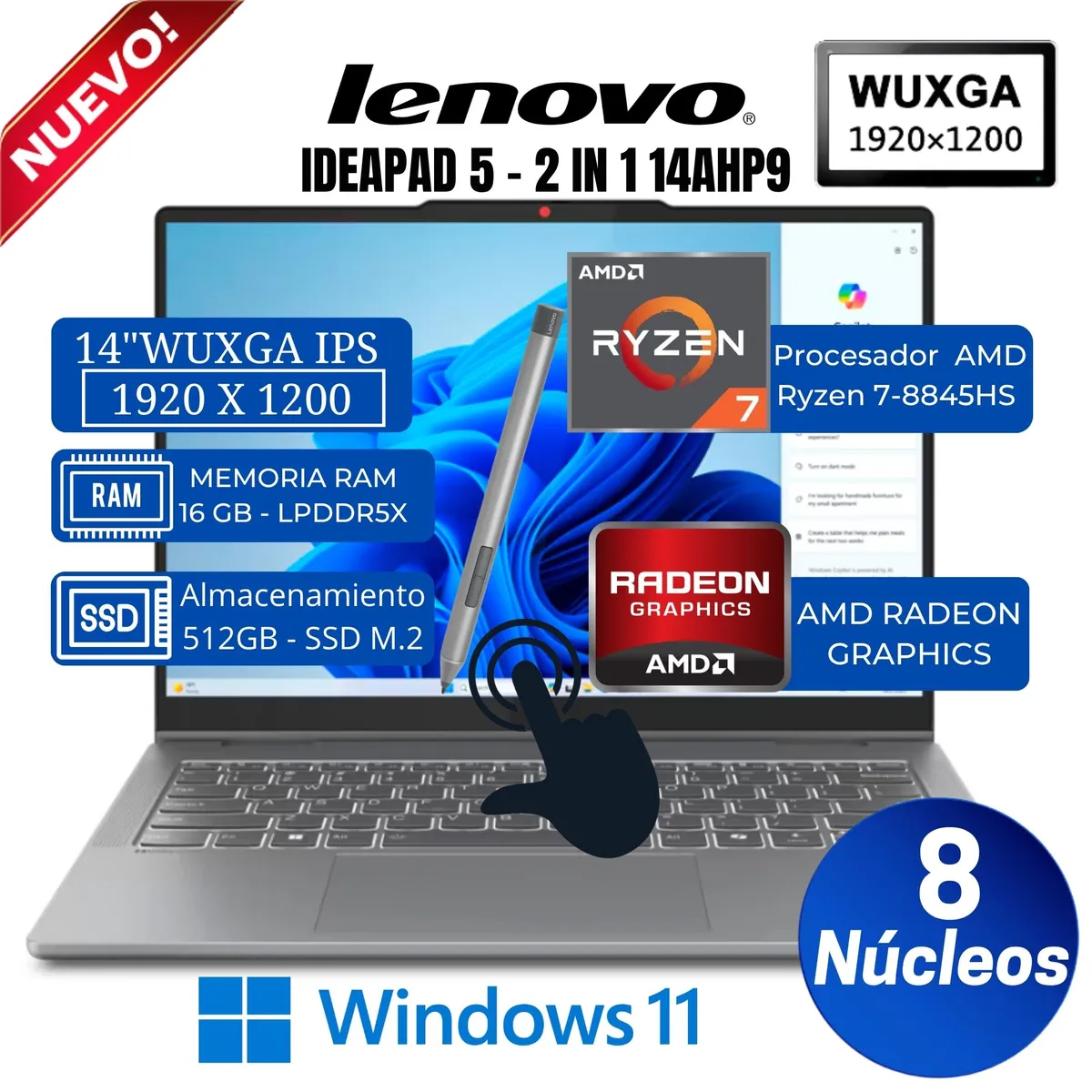 LENOVO - Laptop Lenovo IdeaPad 5 2-in-1 14AHP9 14” WUXGA, Táctil, Ryzen 7-8845HS, Ram16GB, Ssd 512GB, Win 11