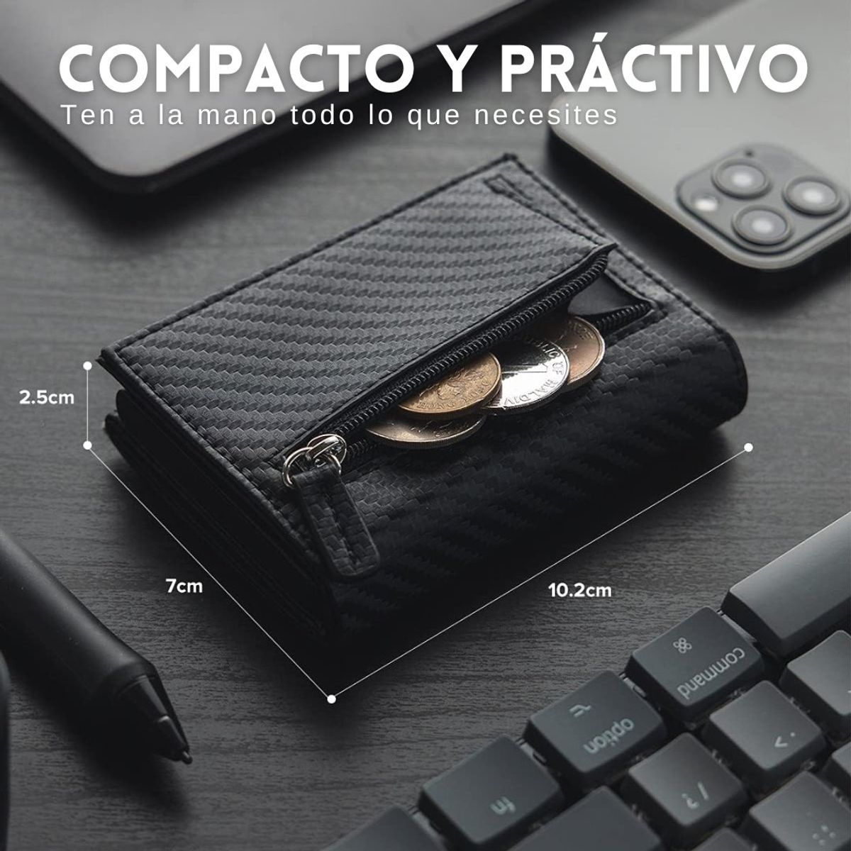 KASHITA - Billetera Hombre Fibra de Carbono Tarjetero Imantado Automático RFID