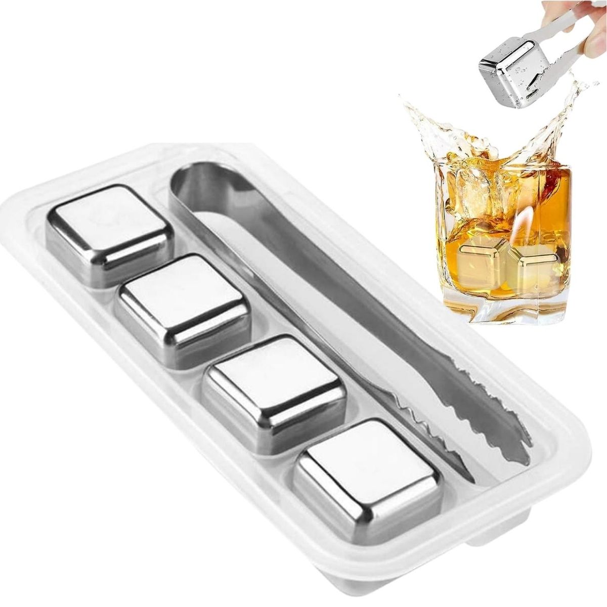 MINARI - Set de 4 Cubos de Hielo Reutilizable de Acero Inoxidable + Pinza H04