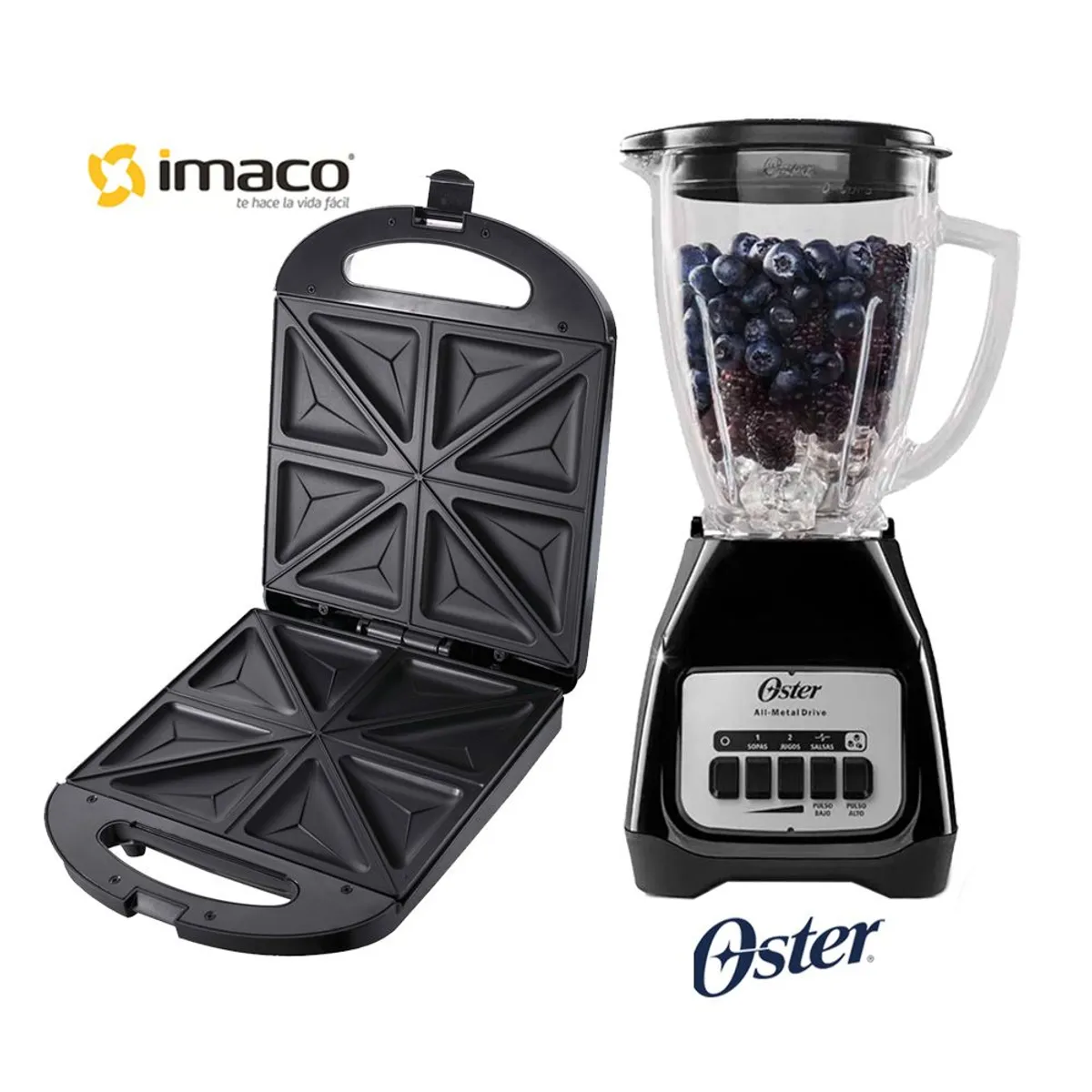 IMACO - Sandwichera de 4 Panes Imaco + Licuadora Oster Negra