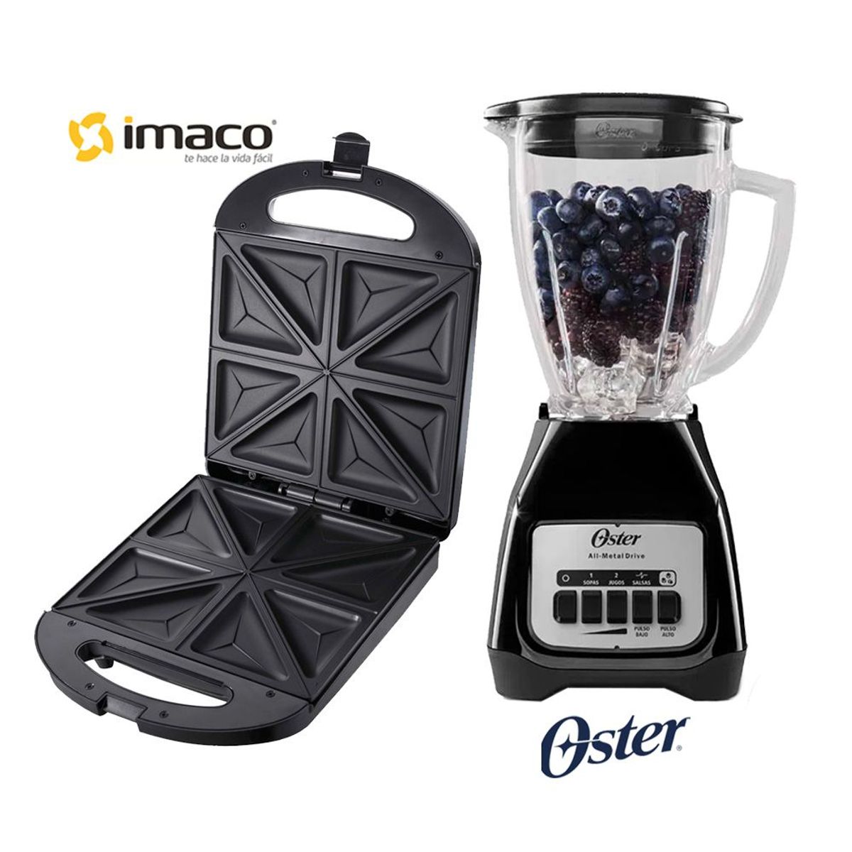 IMACO - Sandwichera de 4 Panes Imaco + Licuadora Oster Negra