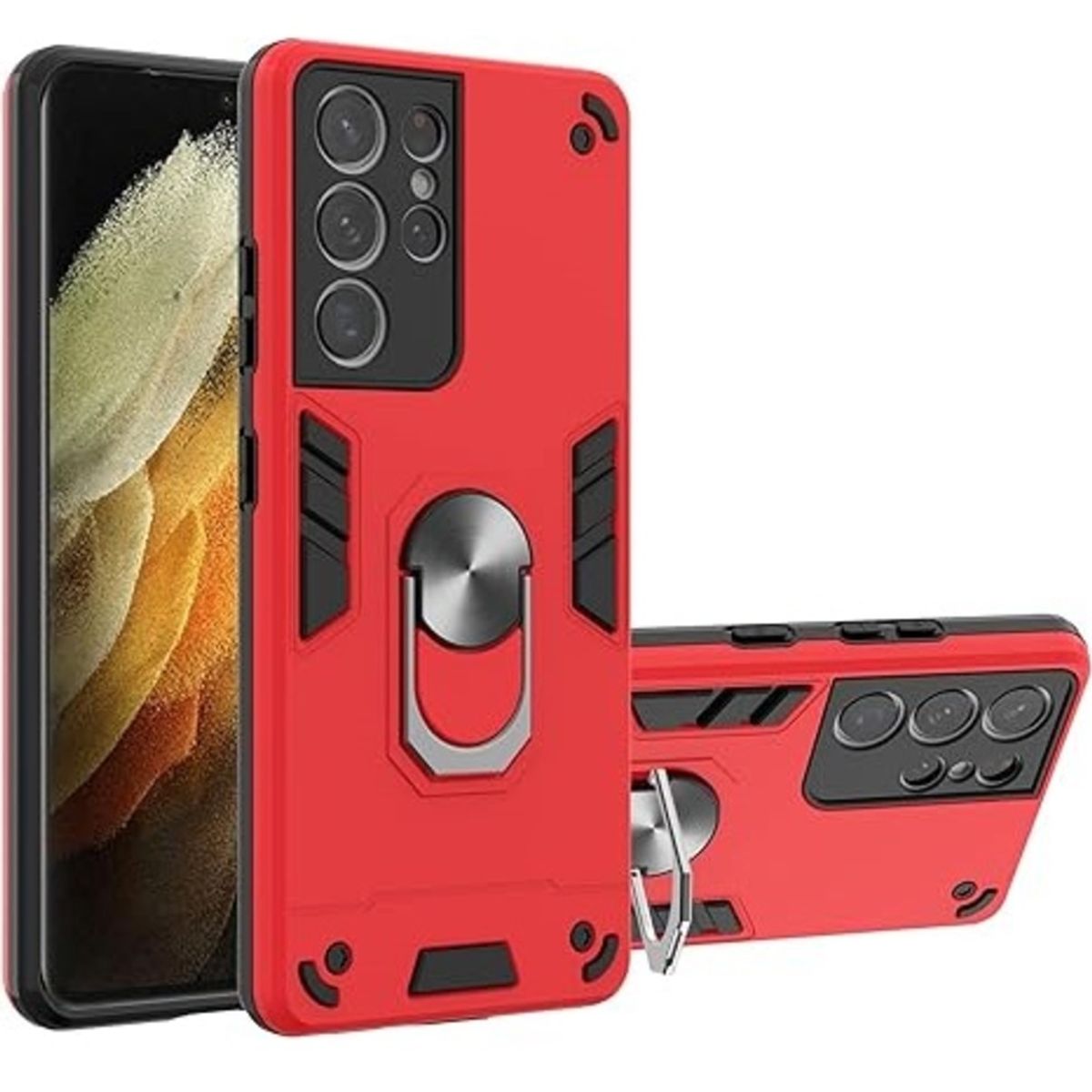GENERICO - Funda Case para Samsung S21 Ultra con Anillo Metálico Antishock Rojo