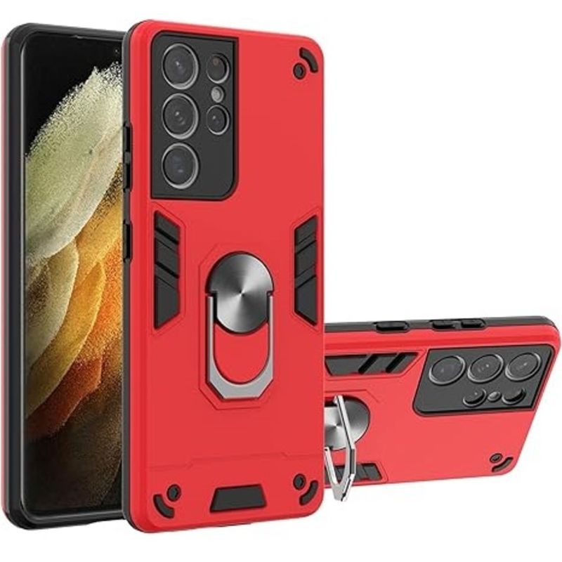 GENERICO - Funda Case para Samsung S21 Ultra con Anillo Metálico Antishock Rojo
