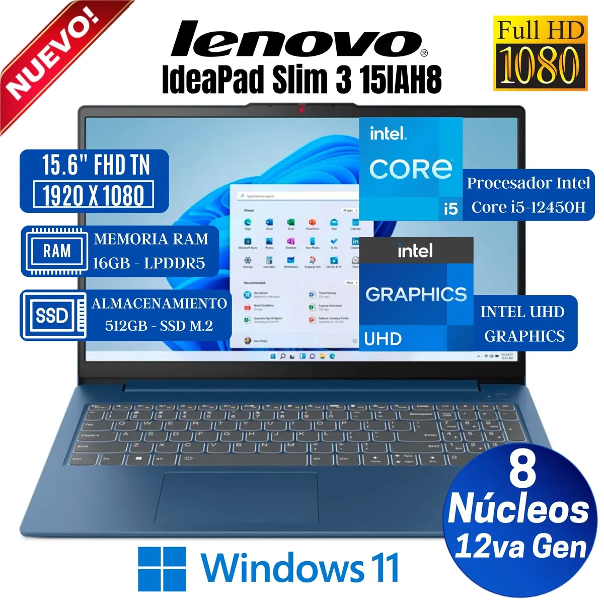 LENOVO - Laptop Lenovo Ideapad SLIM 3 15IAH8 15.6" FHD, Core i5-12450H, Ram 16GB, Ssd 512GB, Win 11 Pro