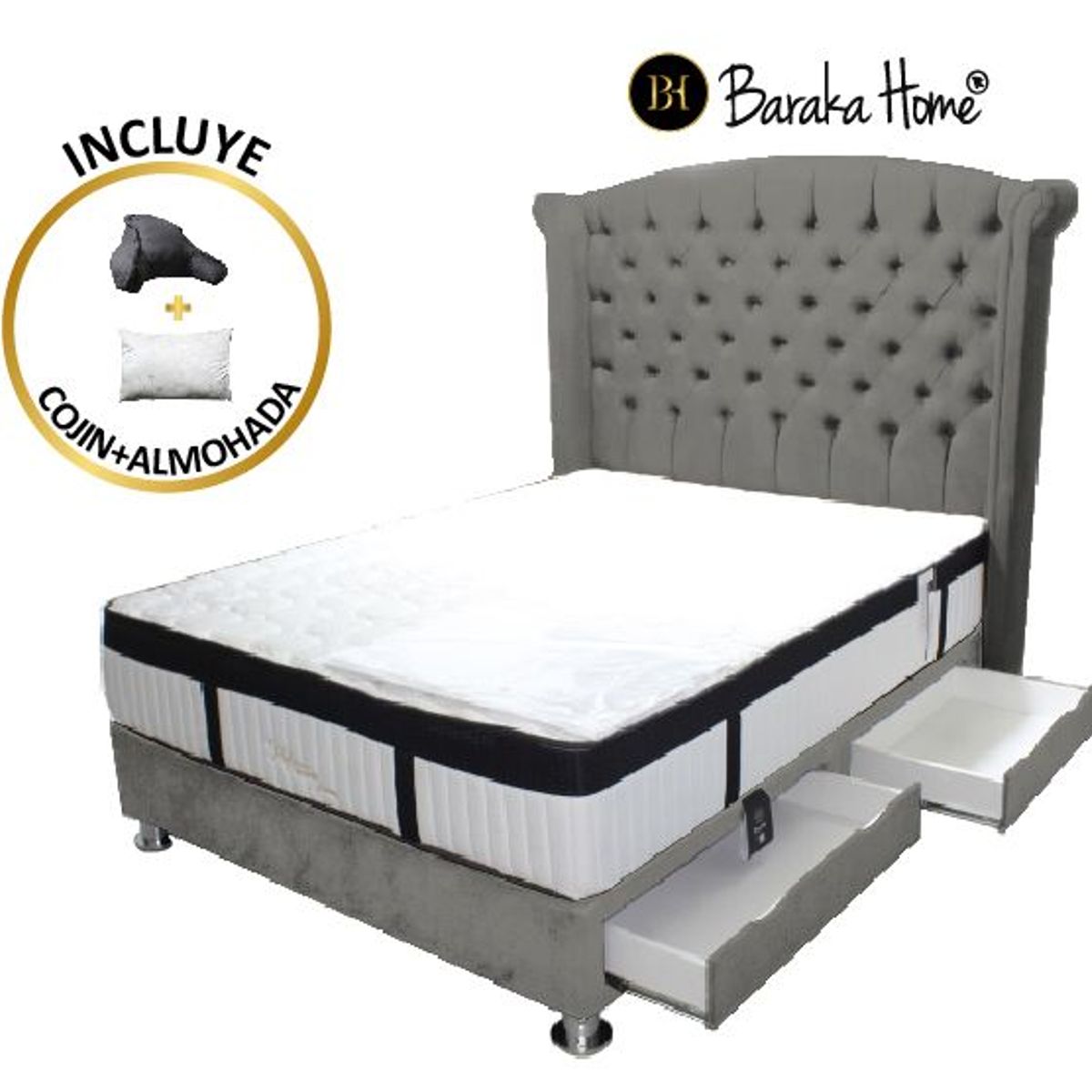 BARAKA HOME - Dormitorio Platinium Con Almohada y Cojin Queen - Gris Oscuro