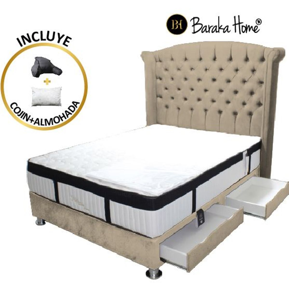 BARAKA HOME - Dormitorio Platinium Con Almohada y Cojin Queen - Beige Claro