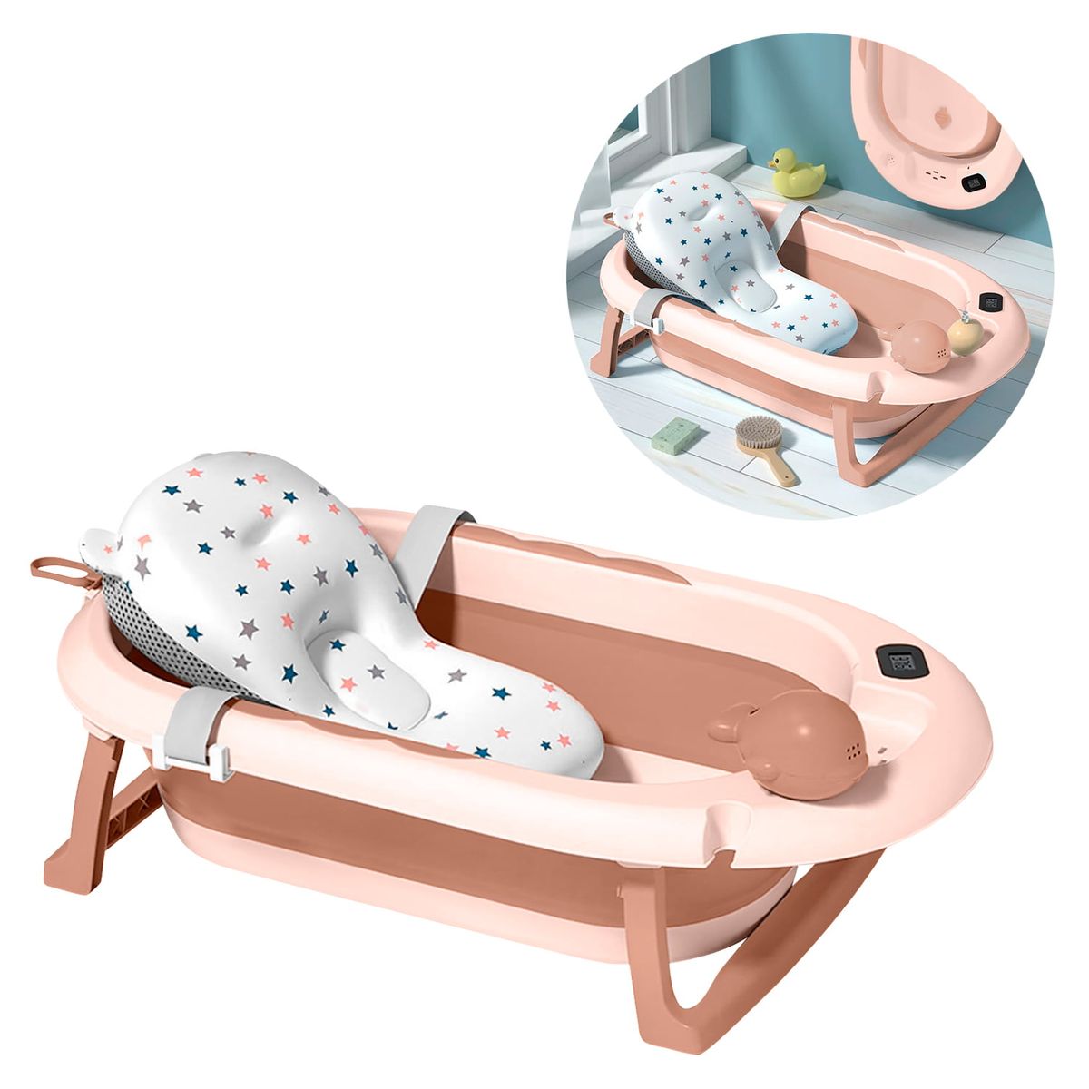 BABYPAL - Bañera Plegable para Bebe con Cojin Termostato Segura Rosado