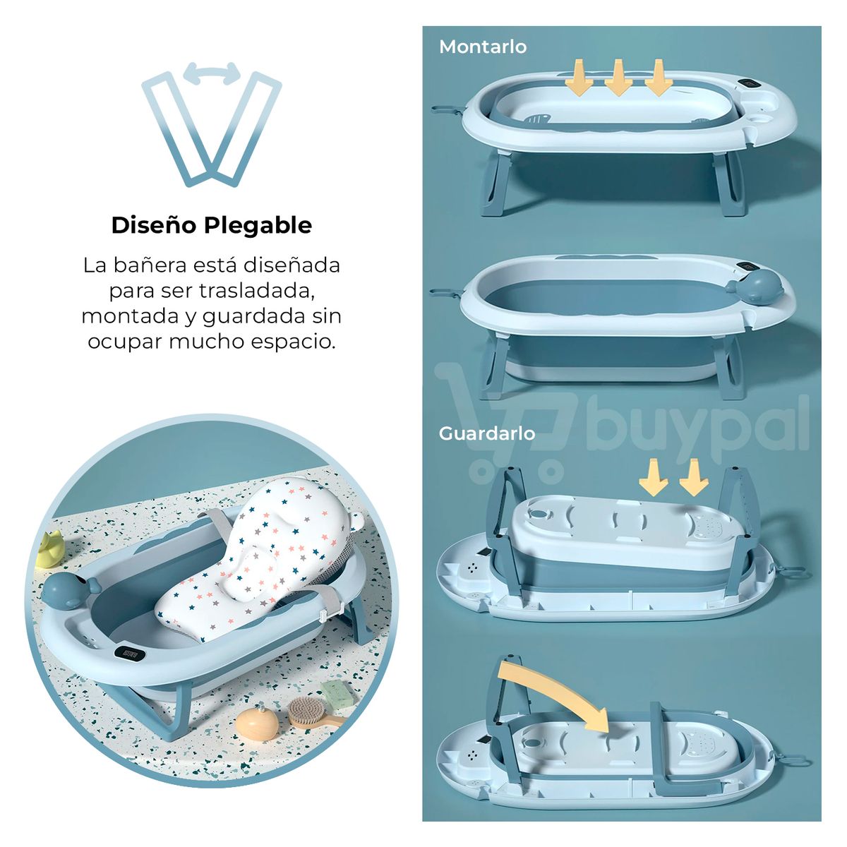 BABYPAL - Bañera Plegable para Bebe con Cojin Termostato Segura Rosado