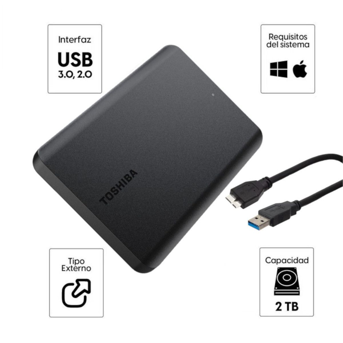 TOSHIBA - Disco Duro de 2TB Externo Toshiba Canvio Basics USB 3.0 Black