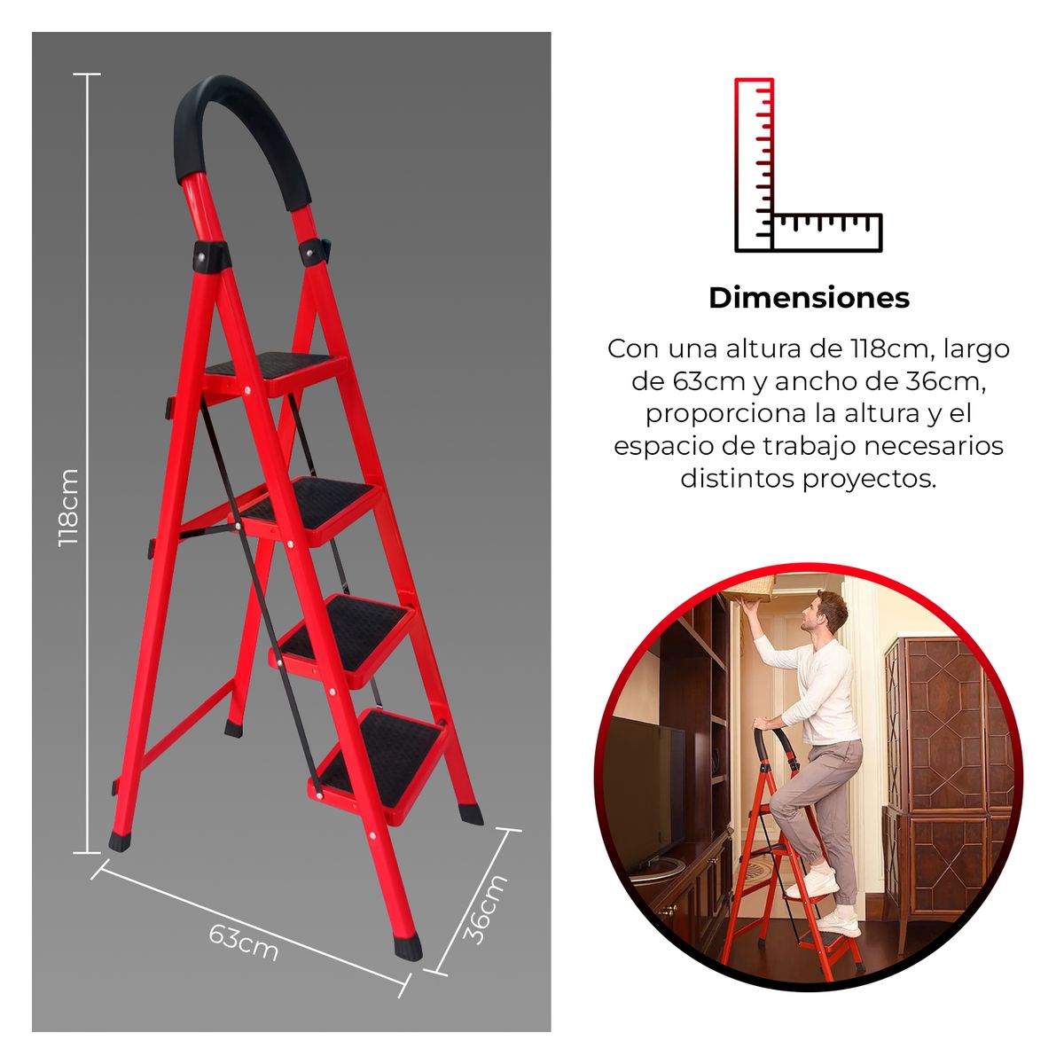 BUYPAL - Escalera Tijera Acero Plegable 4 Pasos Escalones Multifuncional
