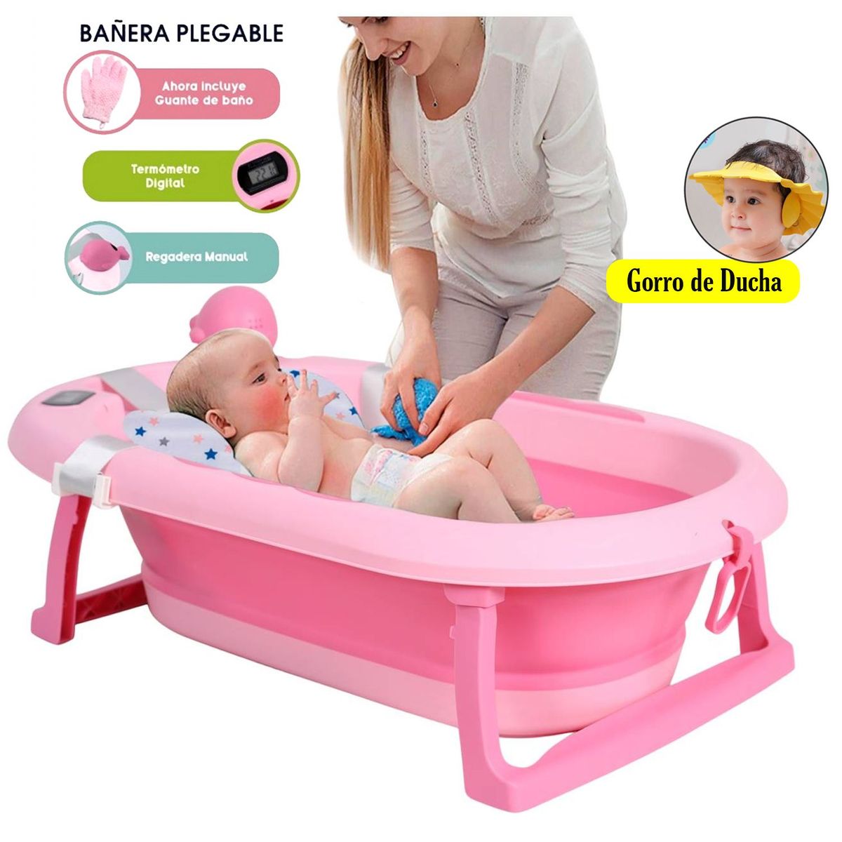 BABY KITS - NUEVO Tina Bañera Plegable JELLY Con Termómetro Rosado
