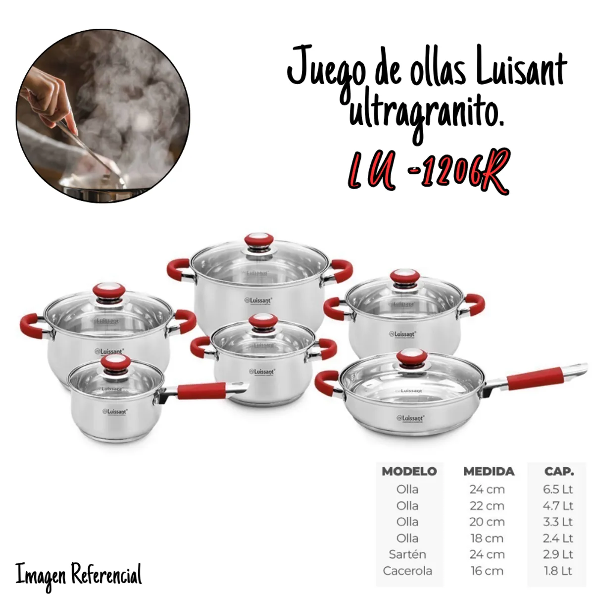 LUISSANT - Juego de Ollas Luissant de acero Inox 12 Piezas-LU-1206R-IN