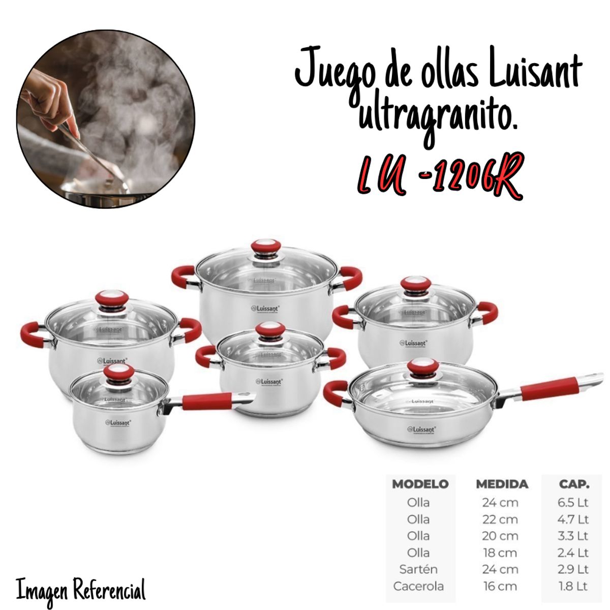 GENERICO - Juego de Ollas Luissant de acero Inox 12 Piezas-LU-1206R-IN