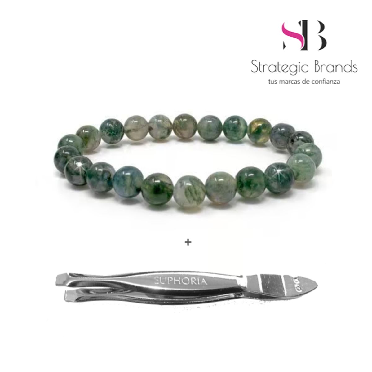 GENERICO - Pulsera Agata Musgosa Verde con Pinza Depiladora de Acero