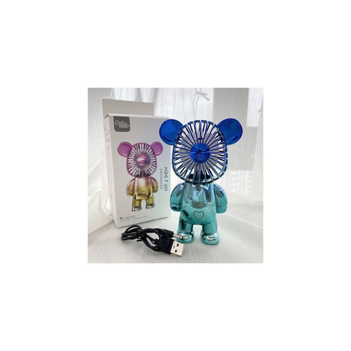 GENERICO - Ventilador Portátil Recargable Osito 3 Niveles Azul y Verde