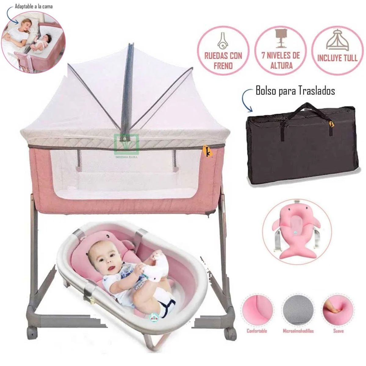 EBABY - Cuna Colecho adaptador a la cama Beige y Tina pegable Rosa