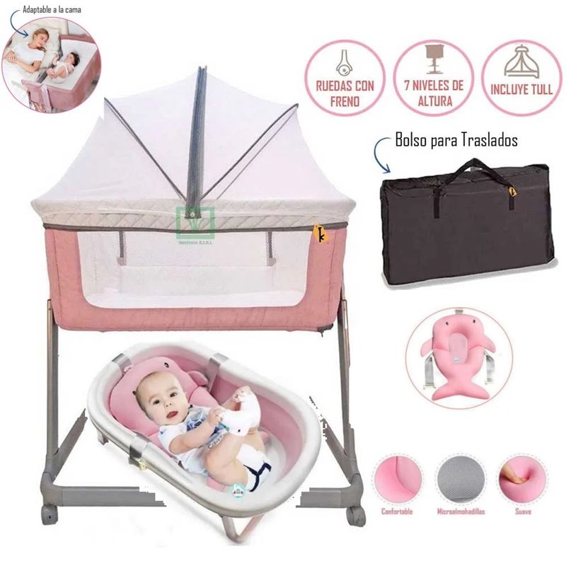 EBABY - Cuna Colecho adaptador a la cama Beige y Tina pegable Rosa