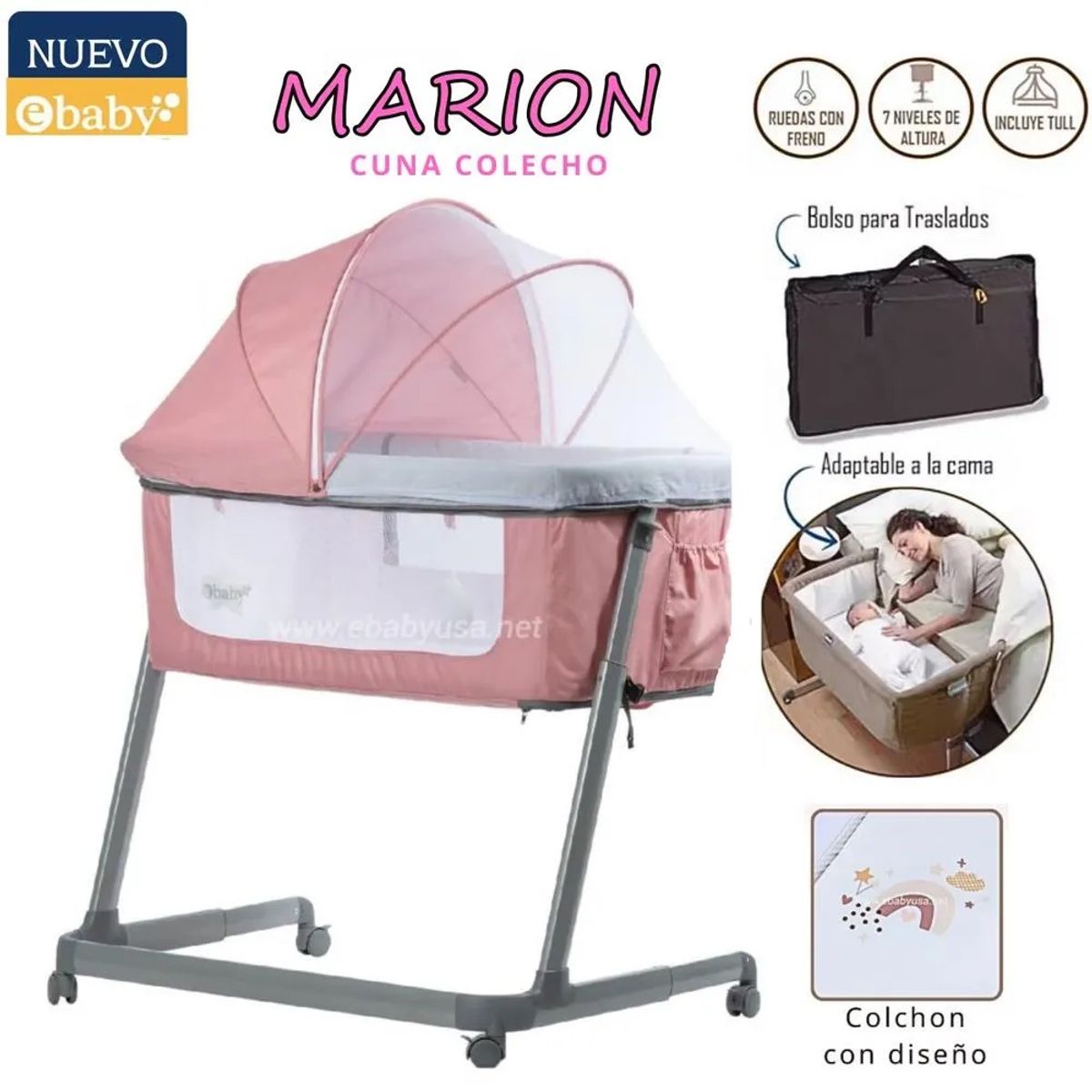 EBABY - Cuna Colecho adaptador a la cama Beige y Tina pegable Rosa