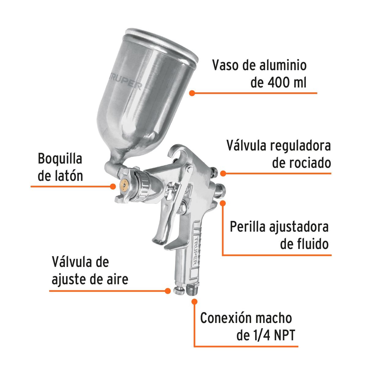 TRUPER - Pistola p/pintar gravedad LVMP vaso aluminio, 1.7 mm