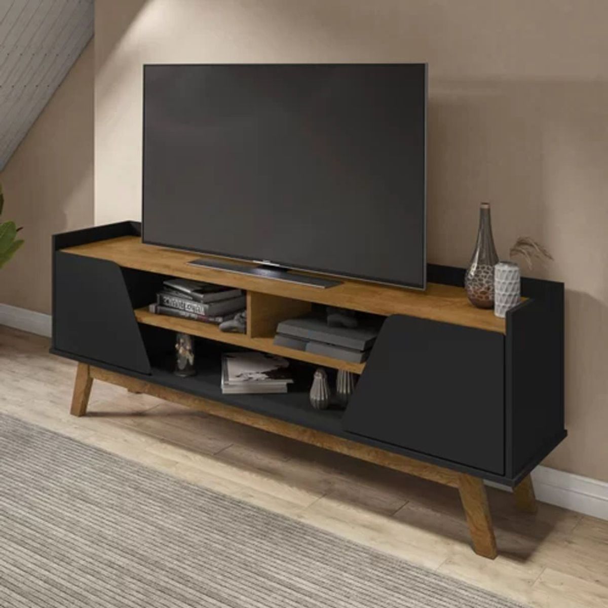 TU MESITA - Mesa para TV moderna 2 puertas Laureano color Negro/Duna TU MESITA