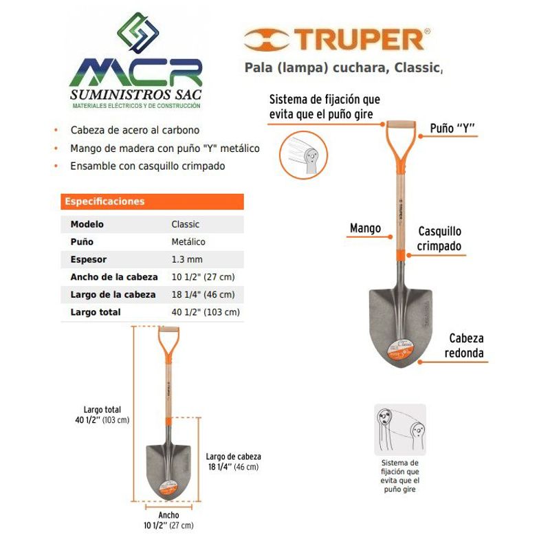 TRUPER - Pala O LAMPA MINERA Classic tipo cuchara con puño "Y" 4 UND TRUPER