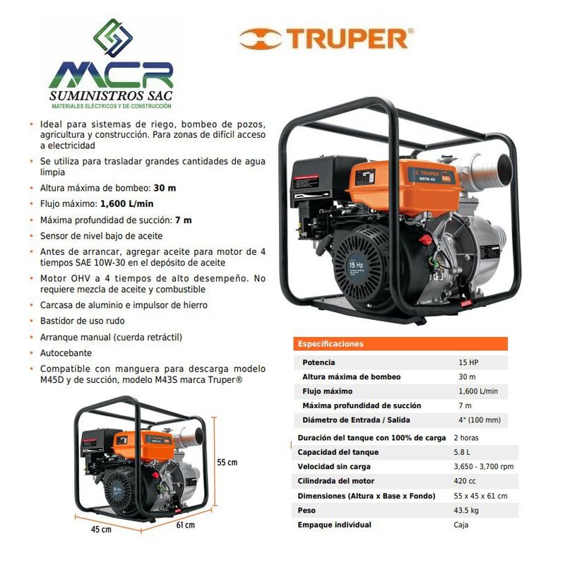 TRUPER - Motobomba autocebante de 15 HP a gasolina 4" x 4" 4 tiempos truper