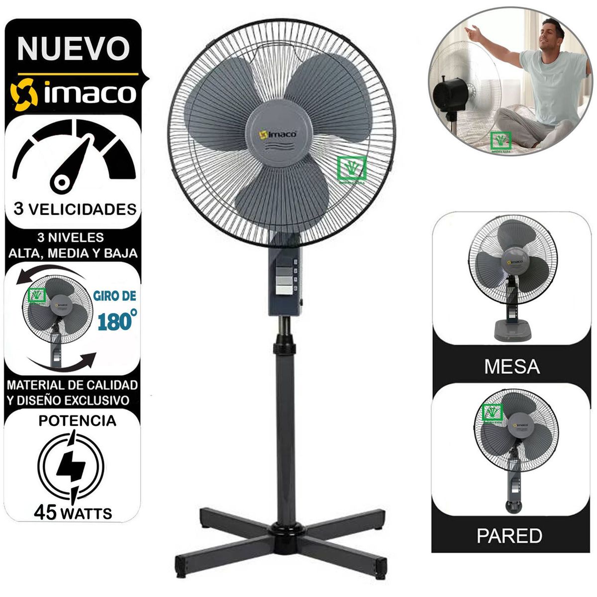 IMACO - Ventilador Imaco FS1631 16" 3 en 1 Pedestal, Pared o Mesa 45 W