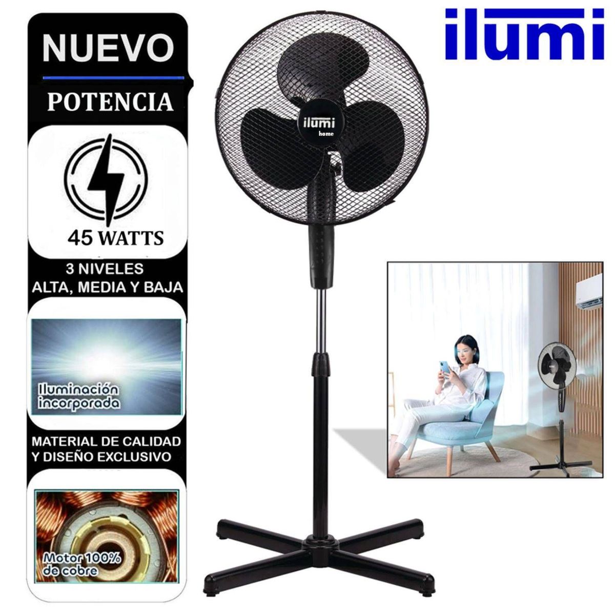 ILUMI - Ventilador Ilumi de Pedestal 3 Velocidades con Iluminación 45W