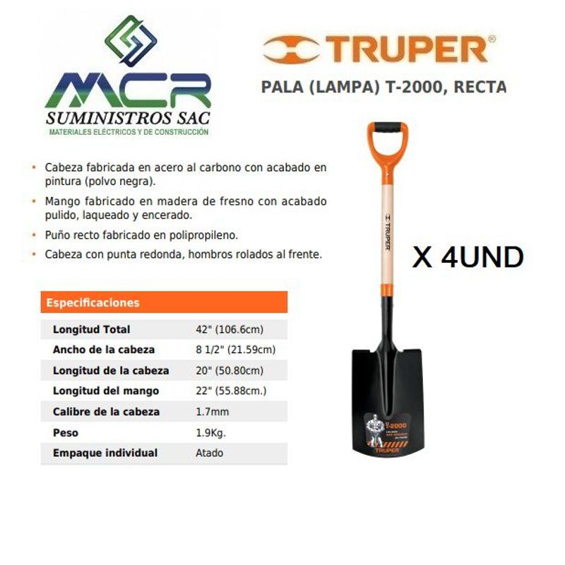 TRUPER - Pala O LAMPA RECTA T-2000 con puño "Y" 4 UND TRUPER