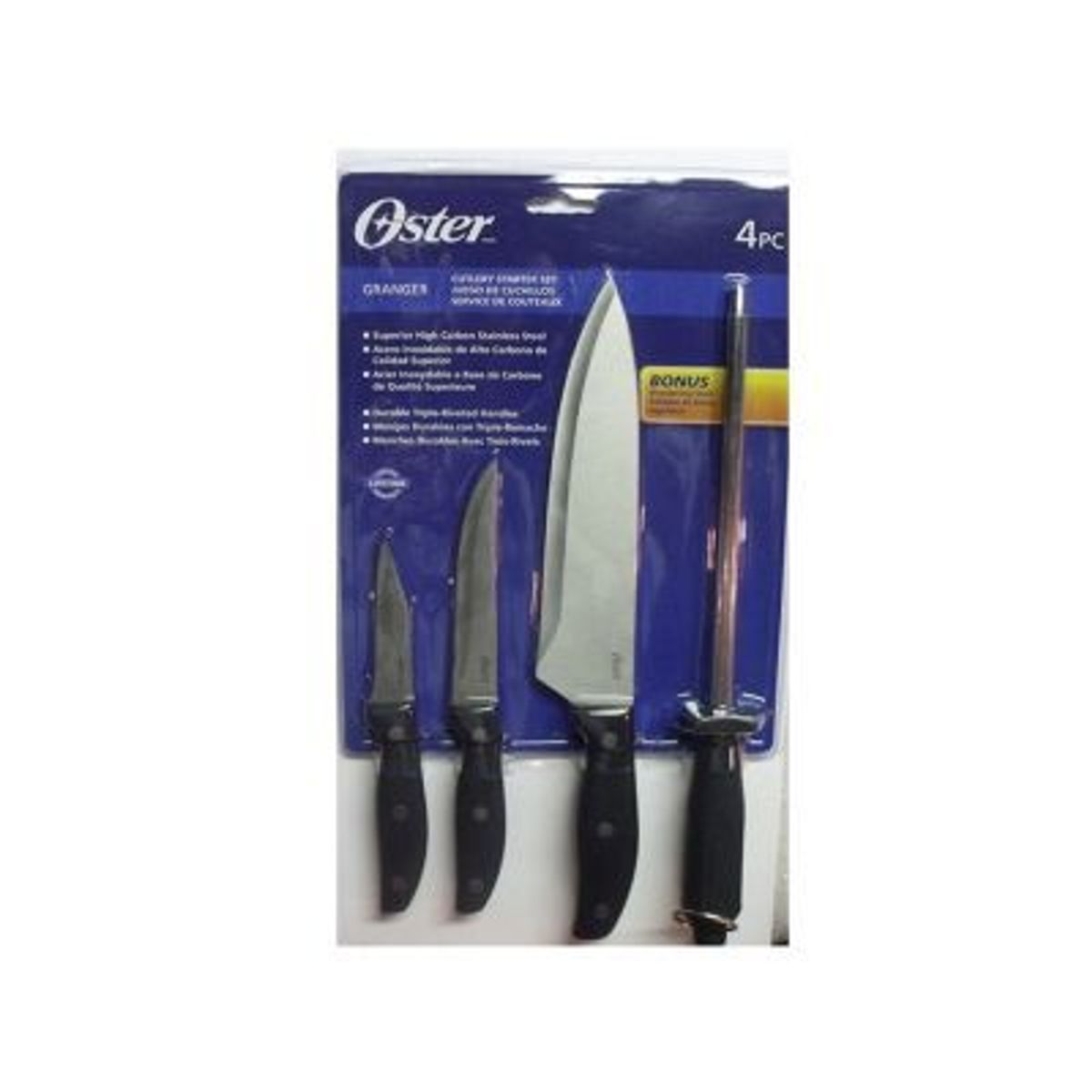 OSTER - Set de Cuchillos con Afilador 4 Piezas Acero Inoxidable