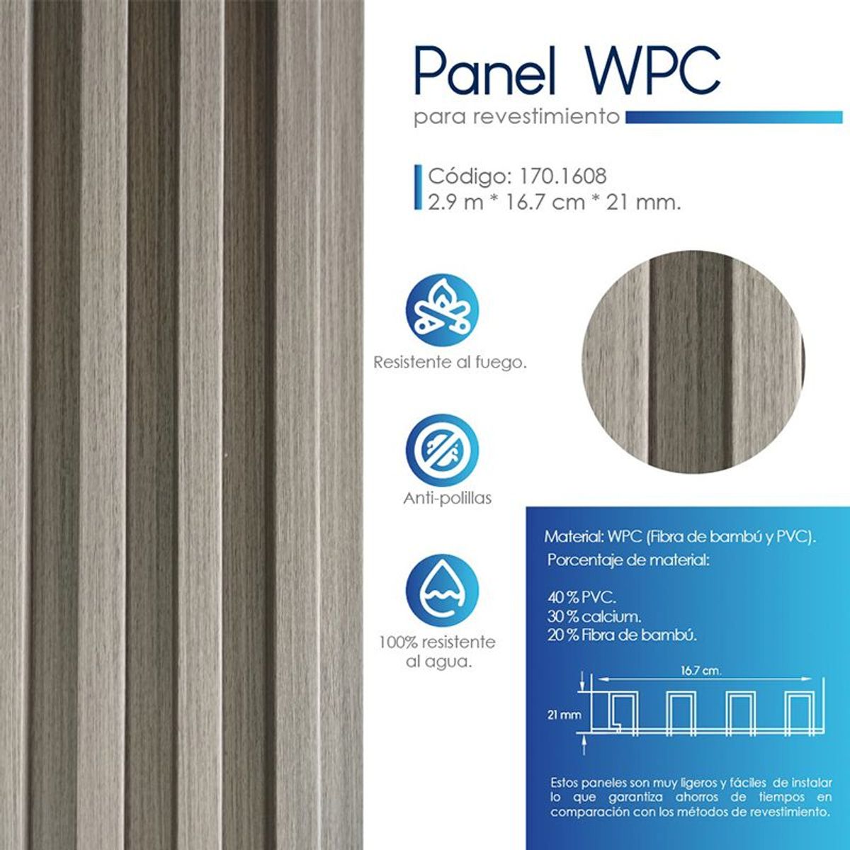 VIDAR - WALL PANEL WPC INTERIOR STRIPED GRAY VENTA POR UNIDAD