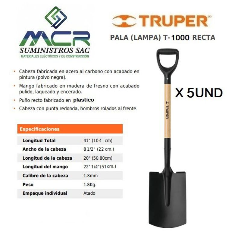 TRUPER - Pala O LAMPA RECTA T-1000 con puño Y x 5UND TRUPER