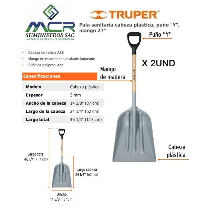 TRUPER - Pala O LAMPA SANITARIA con puño Y Y MANGO DE 27 PULG x 2UND TRUPER
