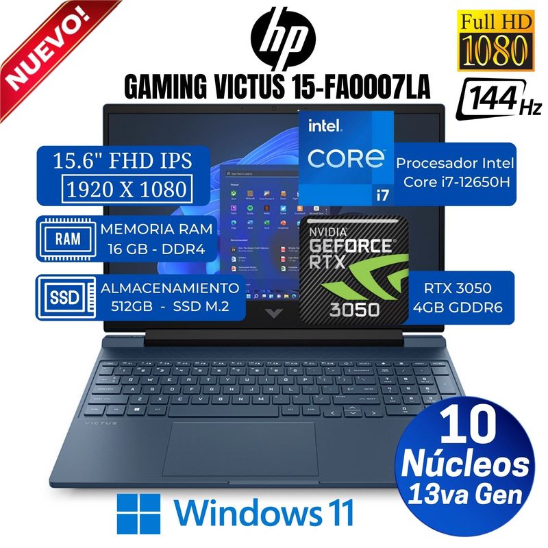 HP - Laptop Gamer HP Victus 15-FA0007LA 15.6” FHD, Core i7-12650H, Ram 16GB, SSD 512GB, Rtx 3050, Win 11