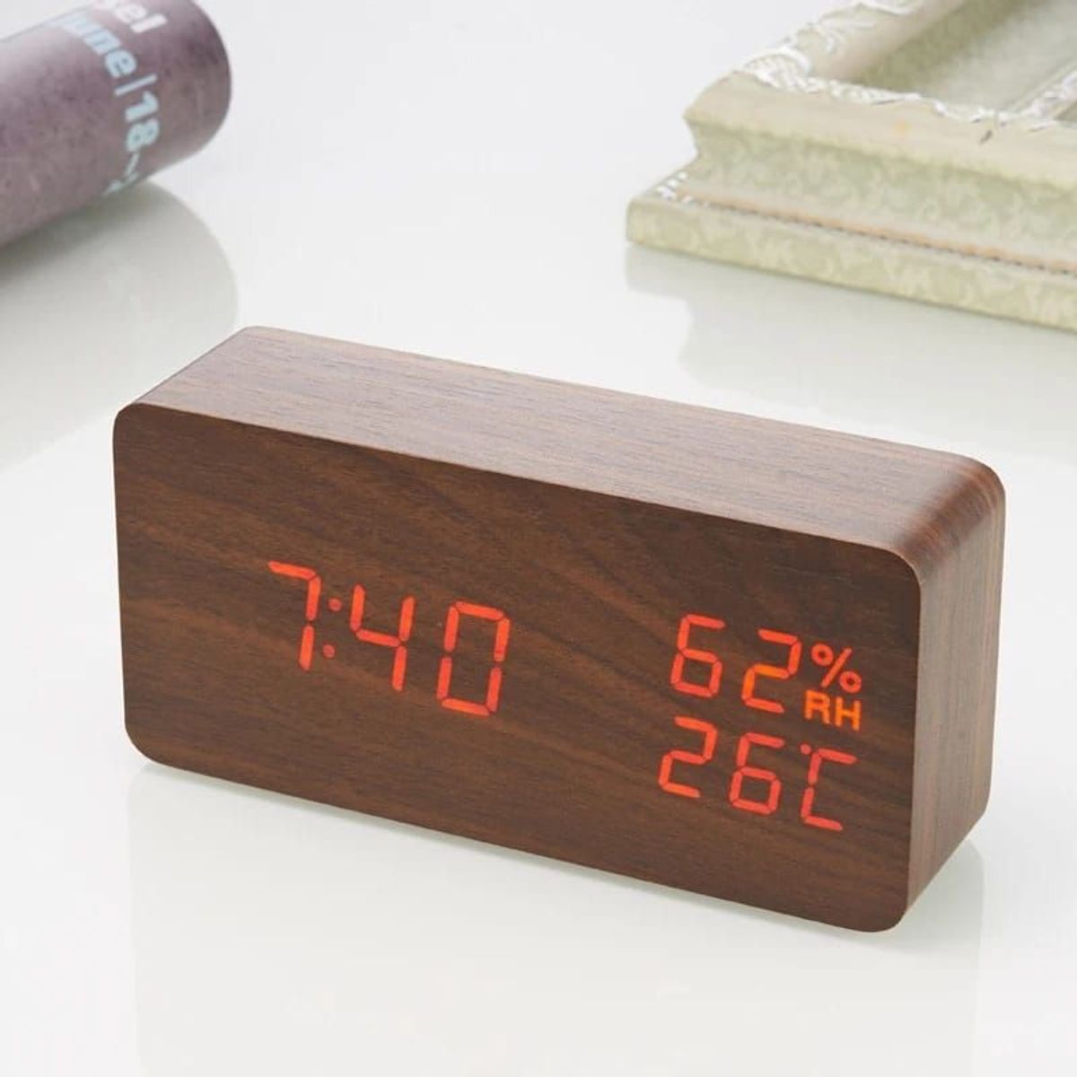 GENERICO - Reloj Digital Despertador de Madera con Control de Voz