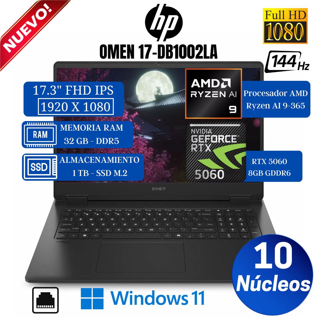 HP - Laptop HP GAMING OMEN 17-db1002la 17.3” FHD, Ryzen AI 9-365, Ram 32GB, SSD 1TB, Rtx 5060 8GB, Win 11