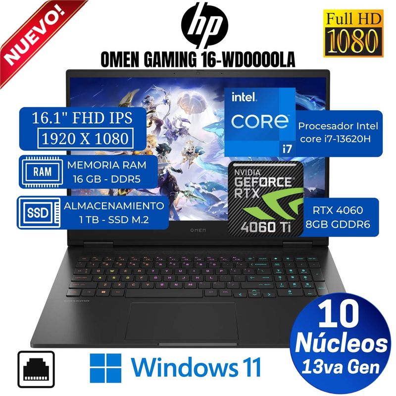 HP - Laptop HP Omen GAMING 16-wd0000la 16.1” FHD, Core i7-13620H, Ram 16GB, SSD 1TB, Rtx 4060, Win 11