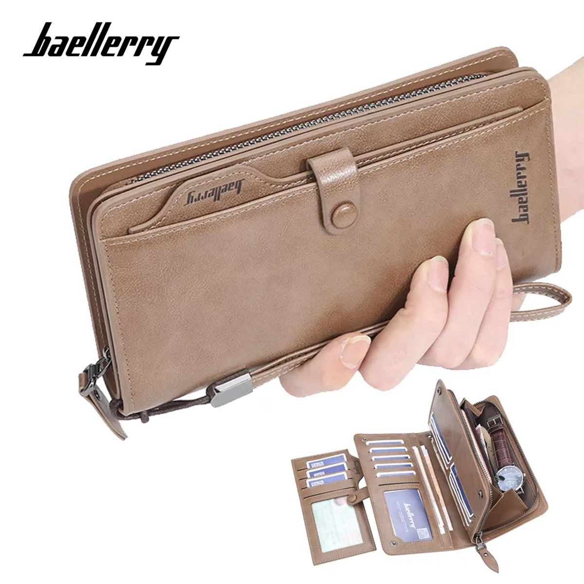 BAELLERRY - BILLETERA LARGA HOMBRE CUERO MONEDERO CON CIERRE Y BROCHE BAELLERRY