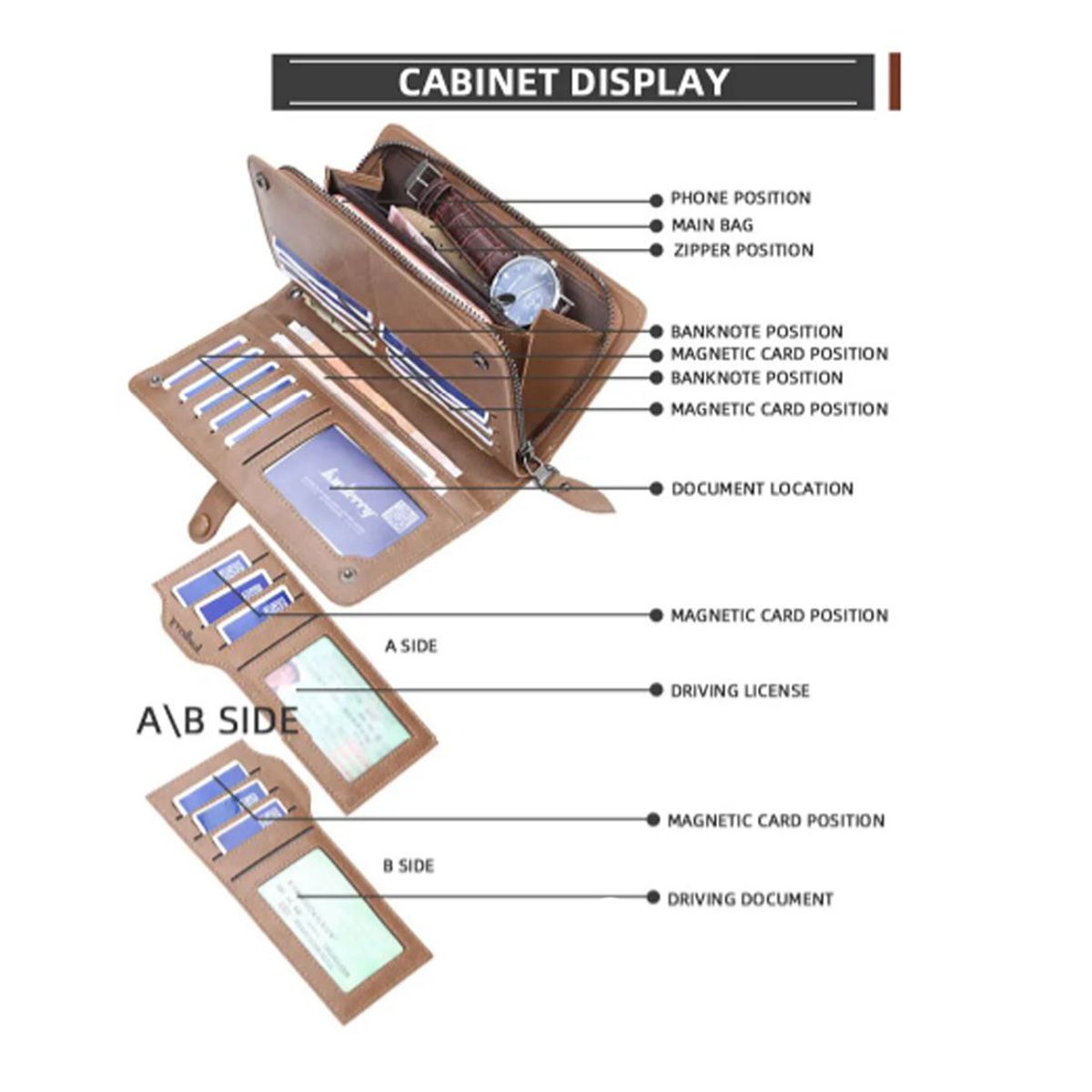BAELLERRY - BILLETERA LARGA HOMBRE CUERO MONEDERO CON CIERRE Y BROCHE BAELLERRY