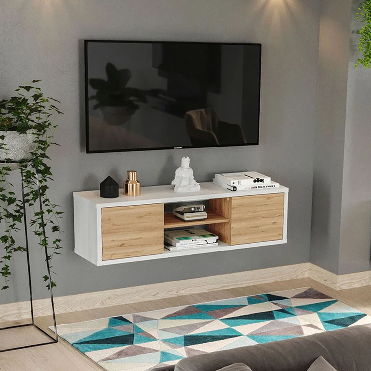 TU MESITA - Mueble para TV flotante 2 puertas Santy color Blanco/Duna TU MESITA
