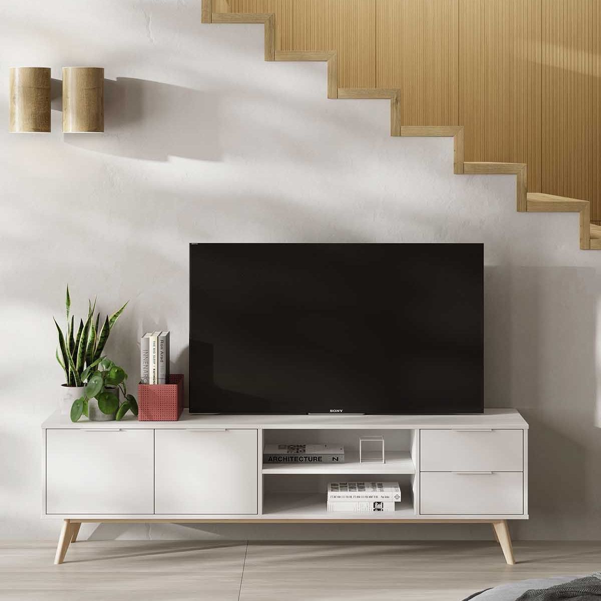 TU MESITA - Mesa de TV clásica 2 puertas 2 cajones Holanda color Blanco TU MESITA