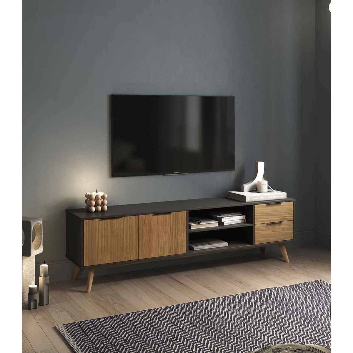 TU MESITA - Mueble de TV 2 cajones 2 puertas Maga color Duna/Negro TU MESITA