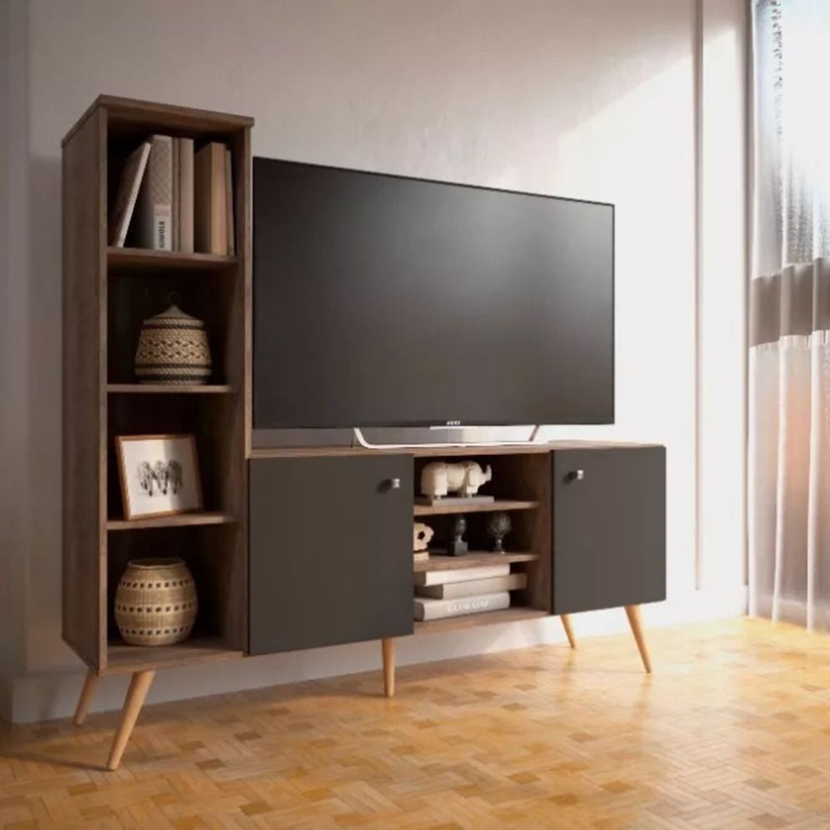 TU MESITA - Mesa de TV con repisas Sentra color Marrón/Negro TU MESITA