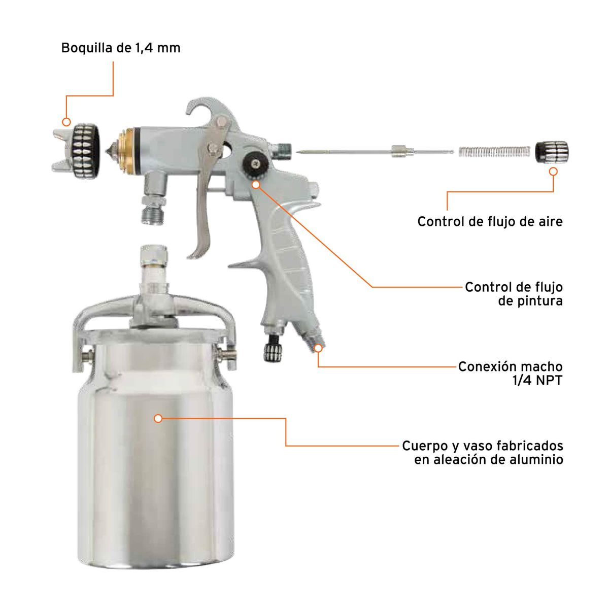 TRUPER - Pistola p/pintar succión HVLP vaso aluminio, 1.4 mm COD 14030 Truper