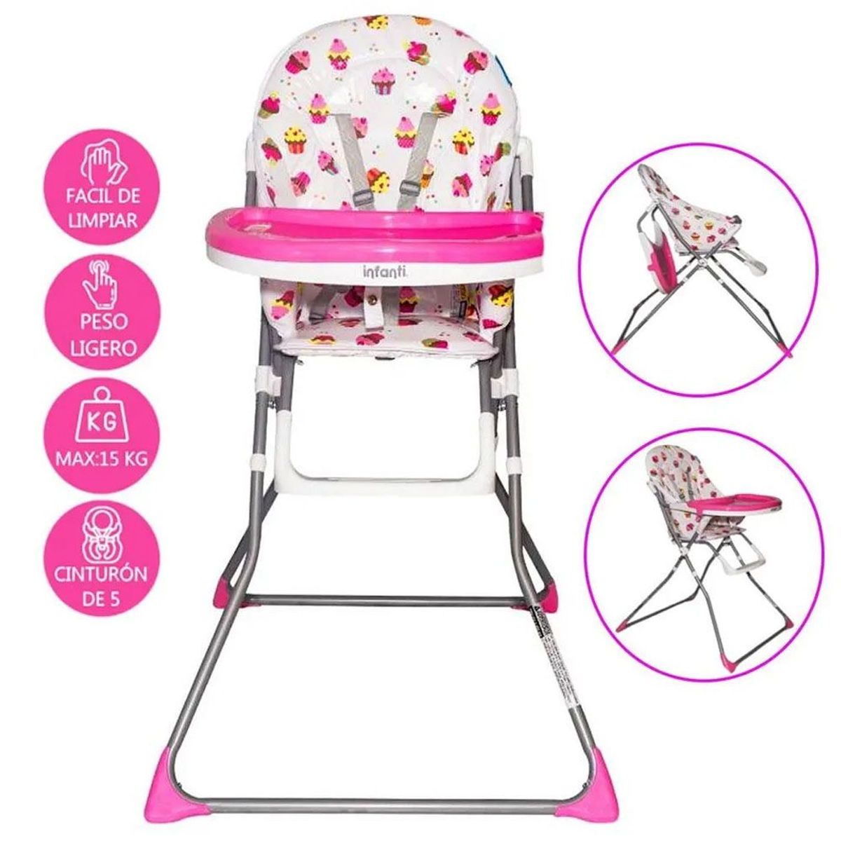 INFANTINO - Silla de Comer Infanti Doble Bandeja Plegable Rosa