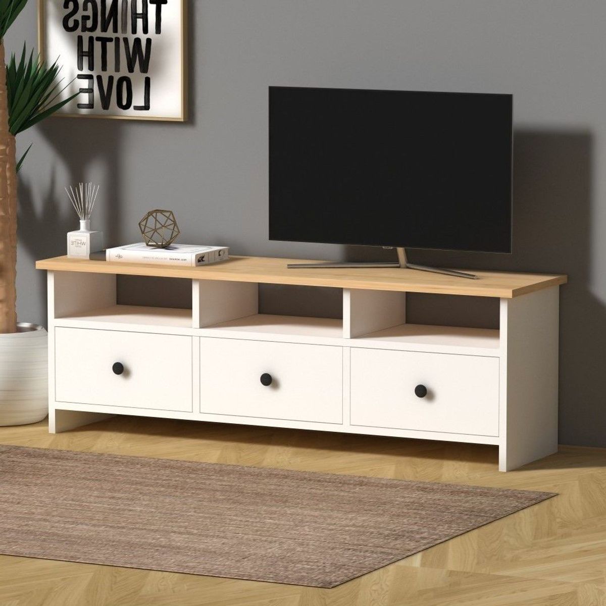 TU MESITA - Mesa para TV multiusos 3 puertas Max color Blanco/Duna TU MESITA