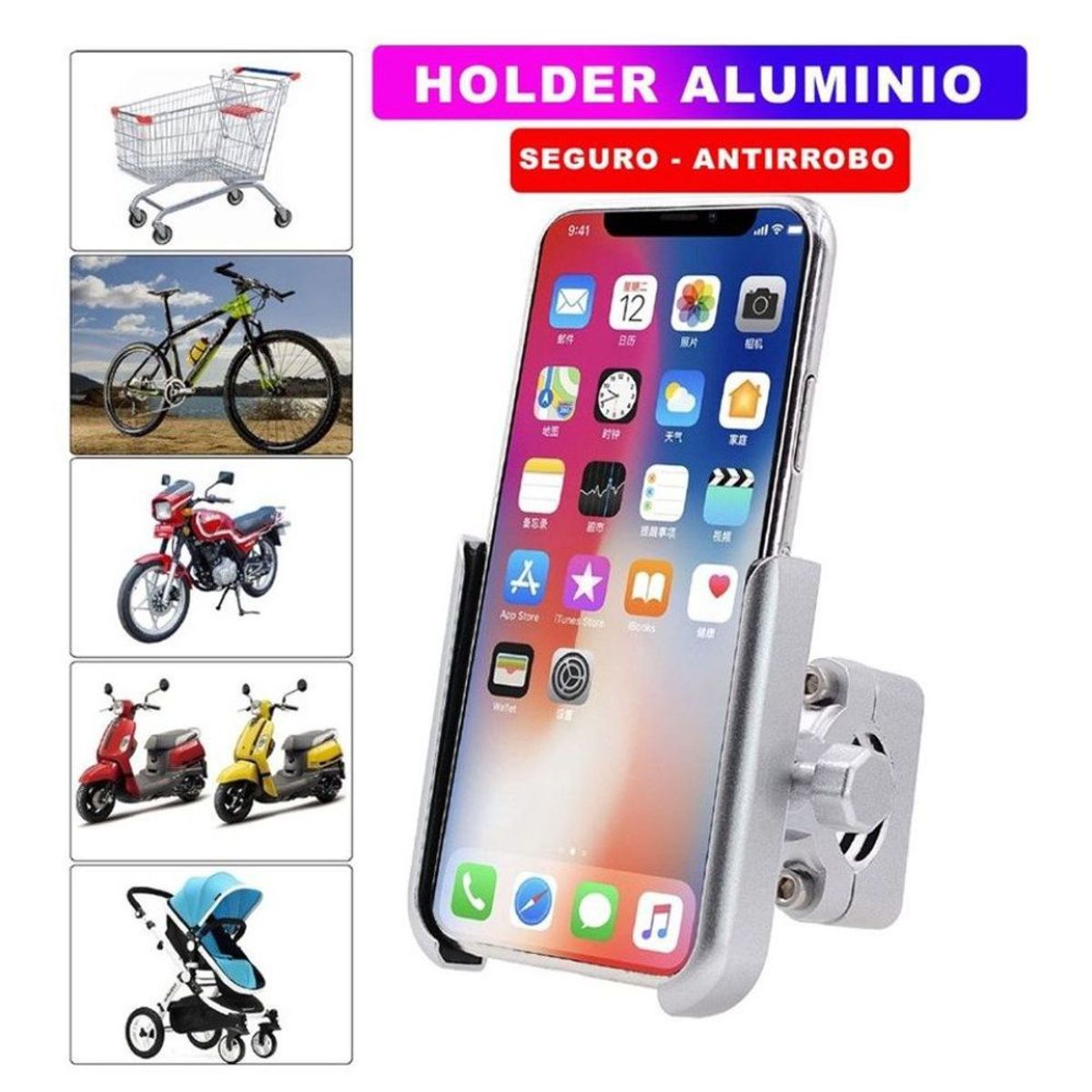 GENERICO - Holder  Aluminio Celular Moto Bicicleta Scooter Soporte 360° Plomo